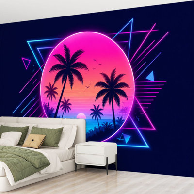 Papier peint adhésif autocollant rétractable synthwave vaporwave esthetique vintage 80 s dégradé de couleur papier auto-adhésif amovible pour décoration murale de salon H 69 po x l 96 po