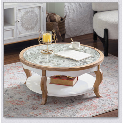 Round Wood Coffee Table With Glass Top, Solid Wooden Circle Center Table With Curved Legs & Removable Tempered Glass, Easy Assembly For Small Spaces