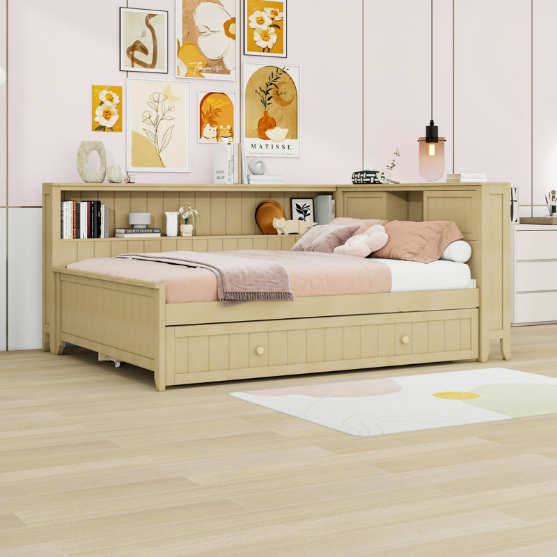 Lit de jour double en bois avec tablettes de rangement et lit gigogne