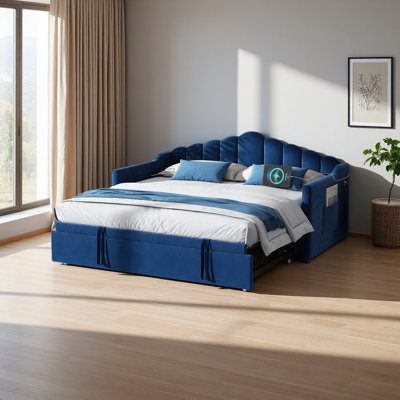 Upholstered Twin Size Daybed With Adjustable Height Pop Up Trundle Twin Bed And USB & Type-C Charging Port, Day Bed Frame With 2 Side Pockets, No Box-Spring Needed
