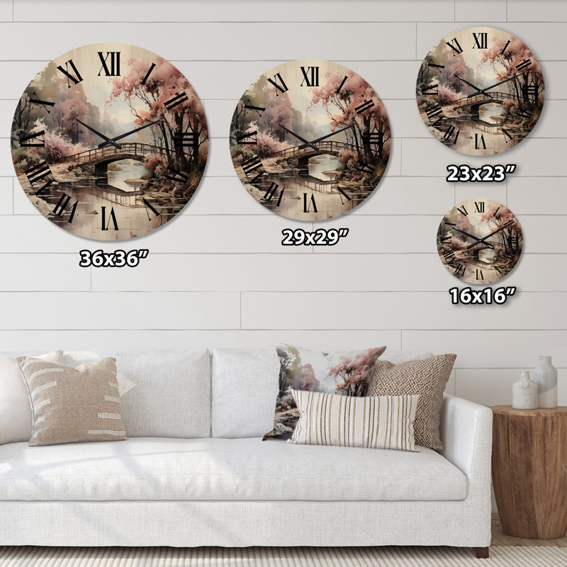 Horloge murale surdimensionnée en bois Pink Bridge Misty Morning Passage, Grand