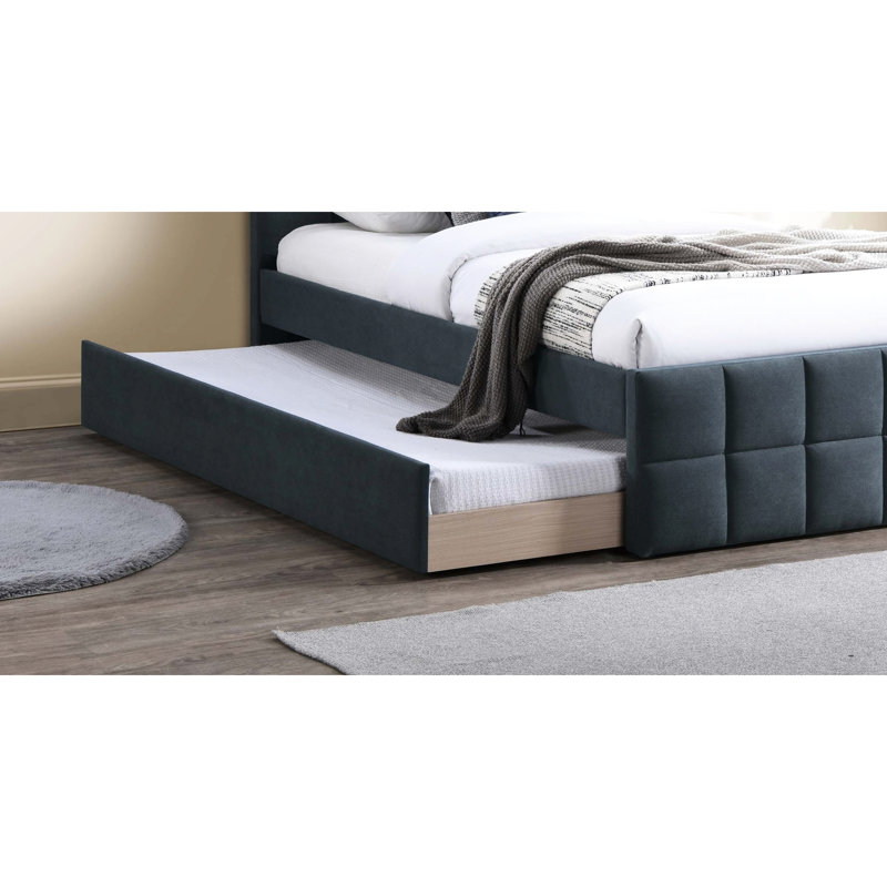 Lit double avec lit gigogne, délice de chambre à coucher contemporain, tête de lit tapissier en lin gris anthracite et motif quadrillé pour chambre à coucher, raffinement,