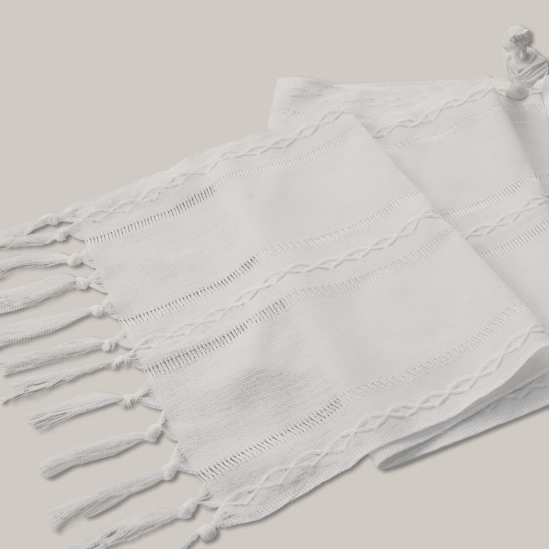 Linen Textured Hemstitched Embroidered Striped Table Runner With Tassels, 94" Rectangle, White
