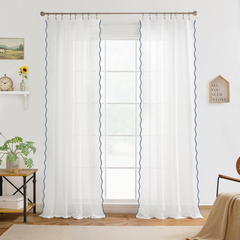 Semi Sheer Scalloped Edge White Coastal Beach Window Curtains for Living Room Bedroom 2 Panels Rod Pocket, 52" W x 84" L