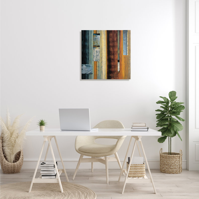 «Rustic Abstraction», brun, orange, bleu, impression, H 24 po x l 24 po, Toile tendue