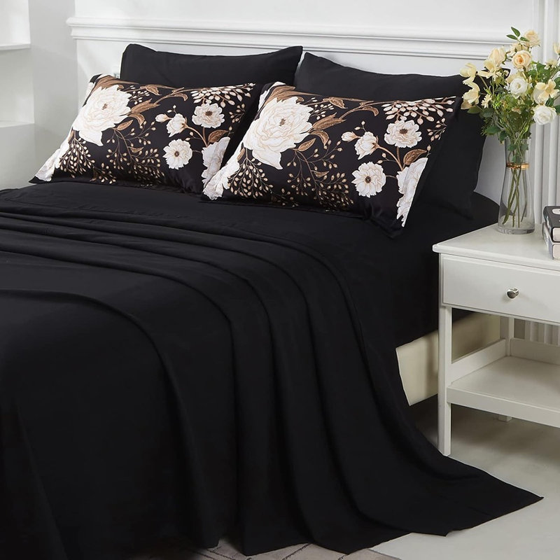 Ensemble d'édredon grand floral noir, lit botanique 7 pièces dans un sac, ensemble de literie réversible en microfibre douce avec draps, taies d'oreiller et taies décoratives