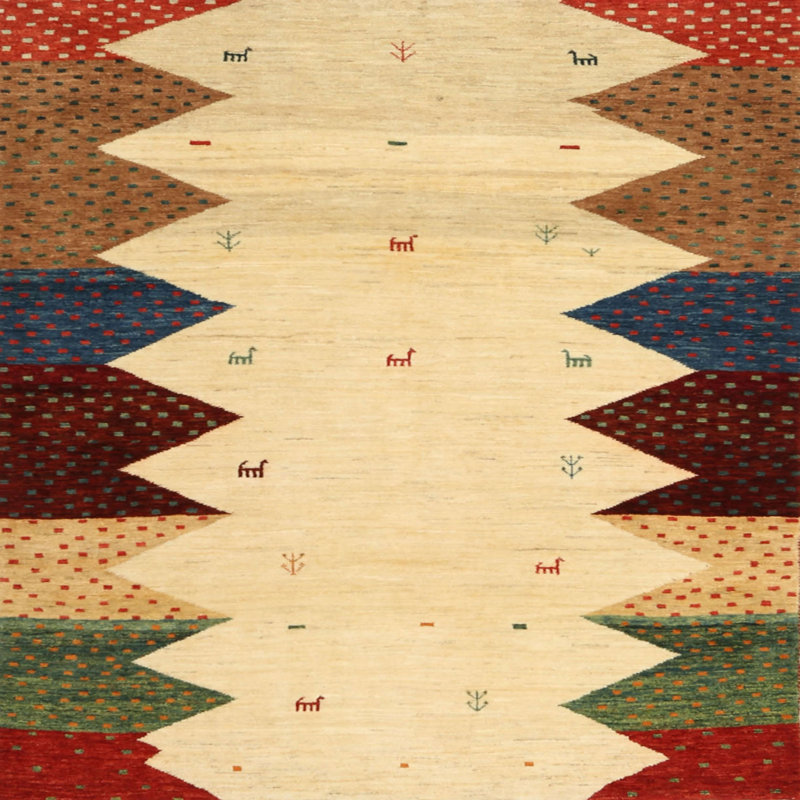 Tapis beige/rouge/vert contemporaine, Carré 8 pi