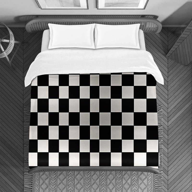 Checkered Tartan Polyester Checkered Duvet Cover, Black/White, Queen