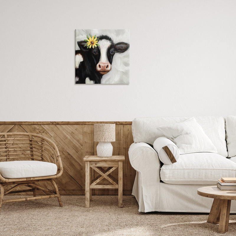 Vache avec marguerite jaune, art mural par Elizabeth Tyndall, H 36 po x l 36 po x P 1,5 po