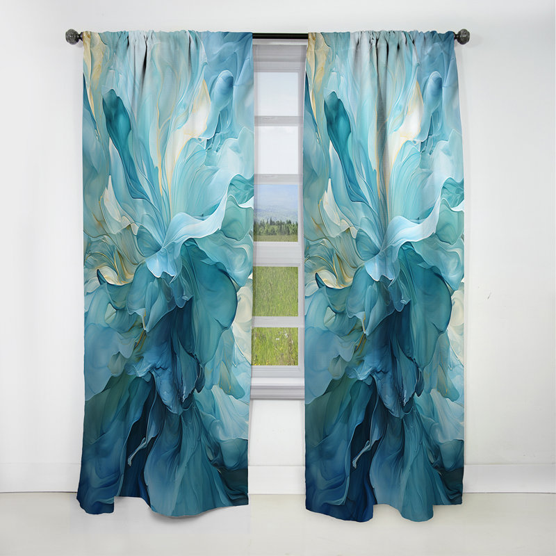 Rideau occultant en velours bleu turquoise et blanc Turquoise Serenity Swirl IV - 1 panneaux, L 52 po x L 108 po