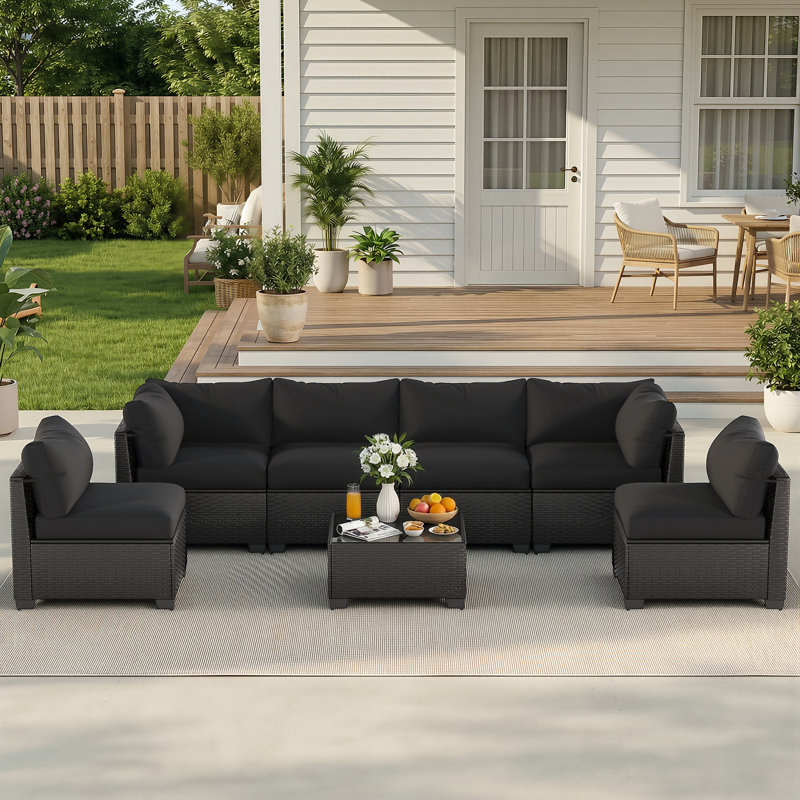 Outdoor 7-Piece Modular Rattan Patio Conversation Set with Cushions, Black, Beige