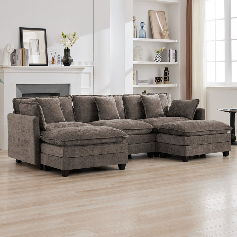 Canapé modulaire rembourré en chenille avec repose-pieds Chenille, Brun, 5