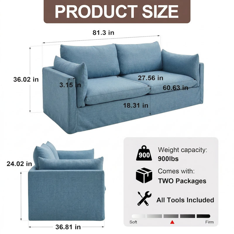 Canapé à accoudoirs carrés 81,3 po, Mélange de polyester bleu