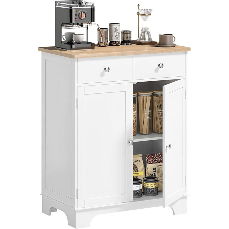 Buffet Buffet, blanc - Rangement de cuisine moderne avec comptoir en bois massif, bar à café, 2 tiroirs, portes et tablette réglable