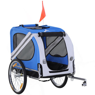 Dog Bike Trailer Pet Cart Bicycle Wagon Cargo Carrier Attachment For Travel With 3 Entrances Large Wheels For Off-Road & Mesh Screen - Light Blue / White