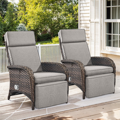 Caeden Outdoor All-Weather Pe Wicker Adjustable Reclining Lounge Chair With Cushions(Set Of 2)
