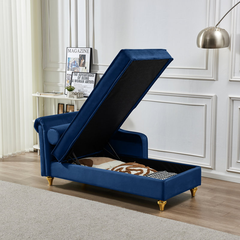Méridienne en velours doux avec rangement en bleu marine - Design élégant et pieds dorés pour le salon Chambre / salon confortable et caché