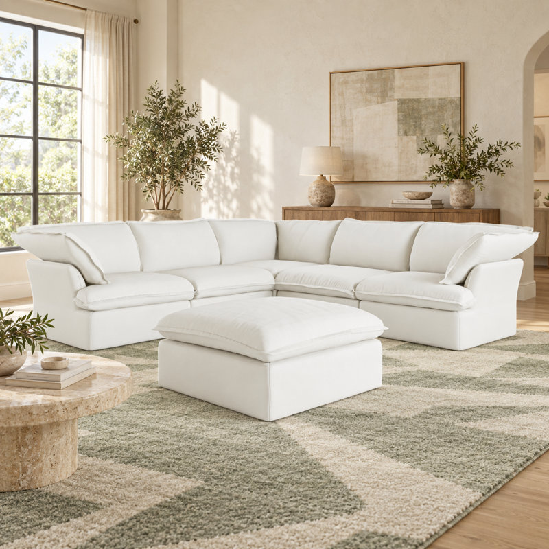 Canapé modulaire rembourré en velours côtelé avec repose-pieds Fairford, Mélange de lin blanc