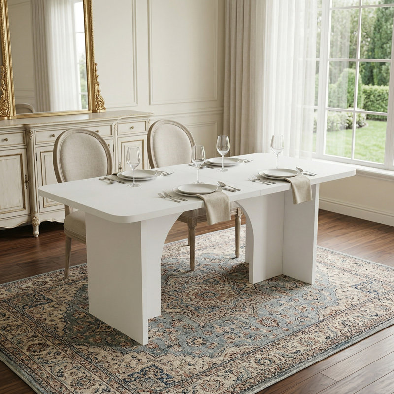 Modern White Rectangle Dining & Desk Table – Solid Wood Base, Seats 6