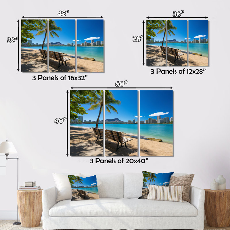 Plage hawaïenne, impression sur toile, 3 pièces, H 28 po x l 36 po x P 1 po