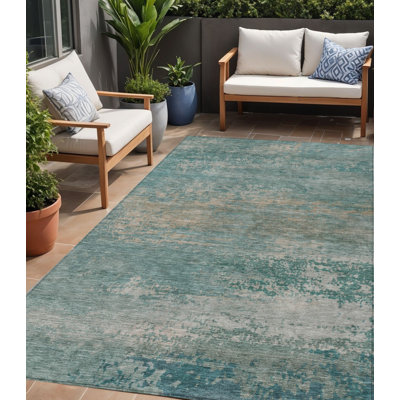 Tapis extérieur lavable abstrait turquoise et beige 5 pi x 8 pi