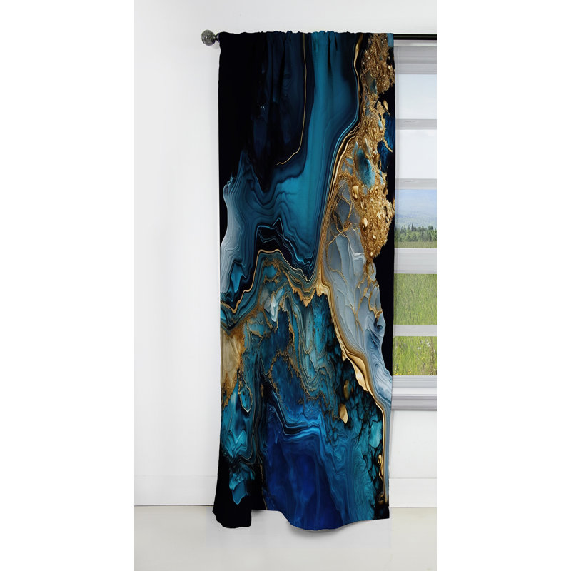 Rideau occultant abstrait en marbre doré et bleu Abstract Geode IV - 1 panneaux, L 52 po x L 120 po