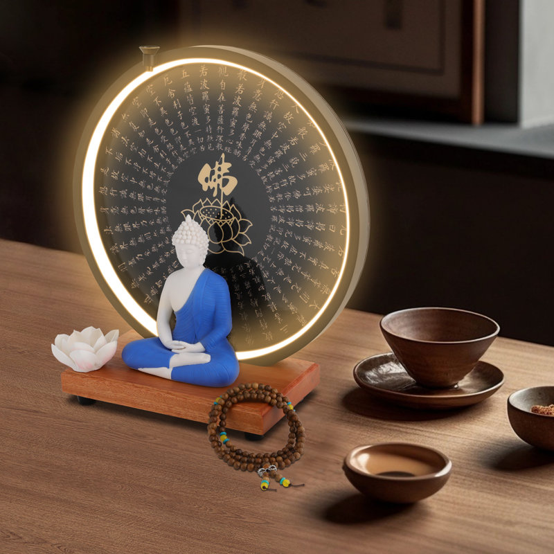 Statue de Bouddha en céramique avec lampe DEL circulaire pour la décoration intérieure, Bleu