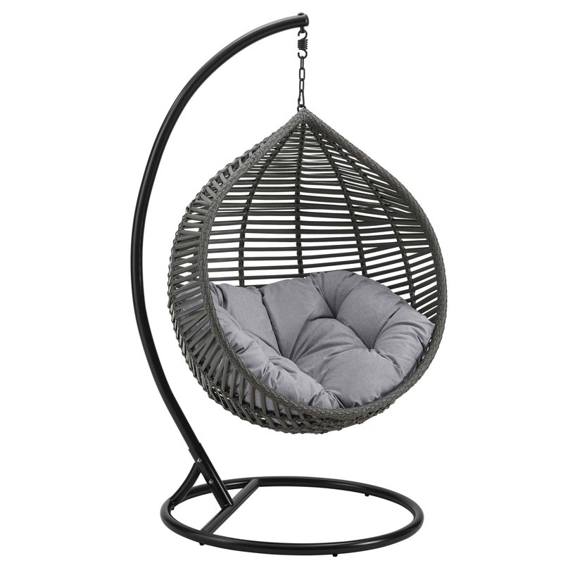 Gray Wicker Teardrop Hanging Chair with Cushions