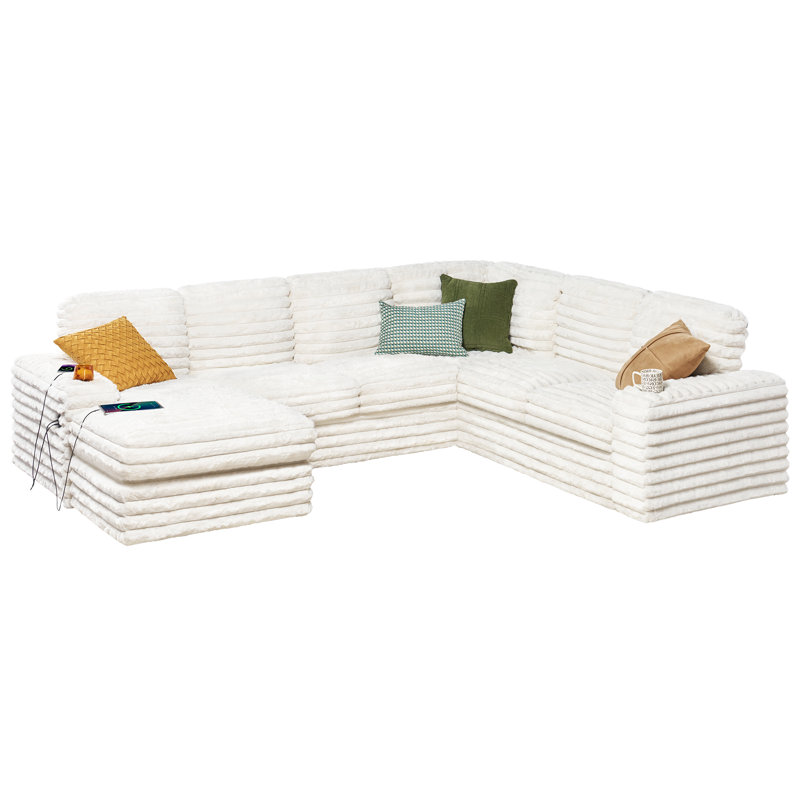 Canapé modulaire Glendora de 112 po avec chargement USB, rangement pour chaise longue et porte-gobelets