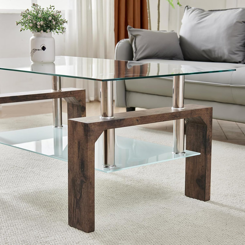 Table basse rectangulaire moderne avec plateau en verre et pieds en bois, conception à deux niveaux pour le salon, la salle d'attente ou le bureau, tablette inférieure robuste pour le rangement