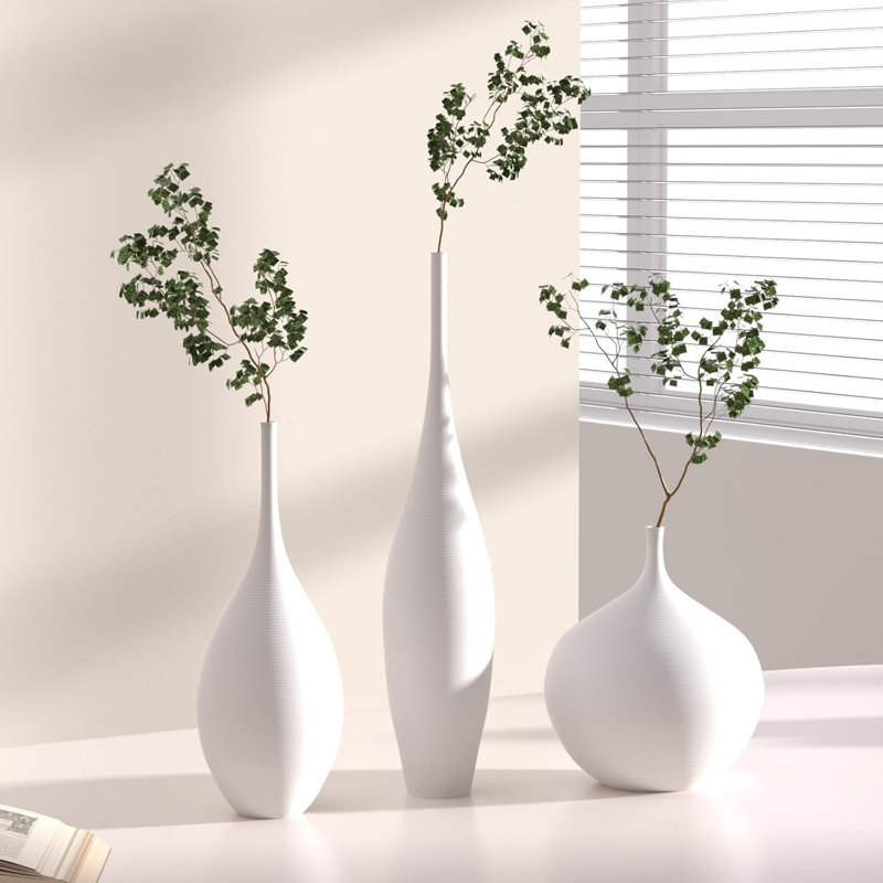 Set of 3 White Matte Ceramic Vases Modern Boho Wabi-Sabi Pampas Vases for Living Room Table Shelf Centerpiece
