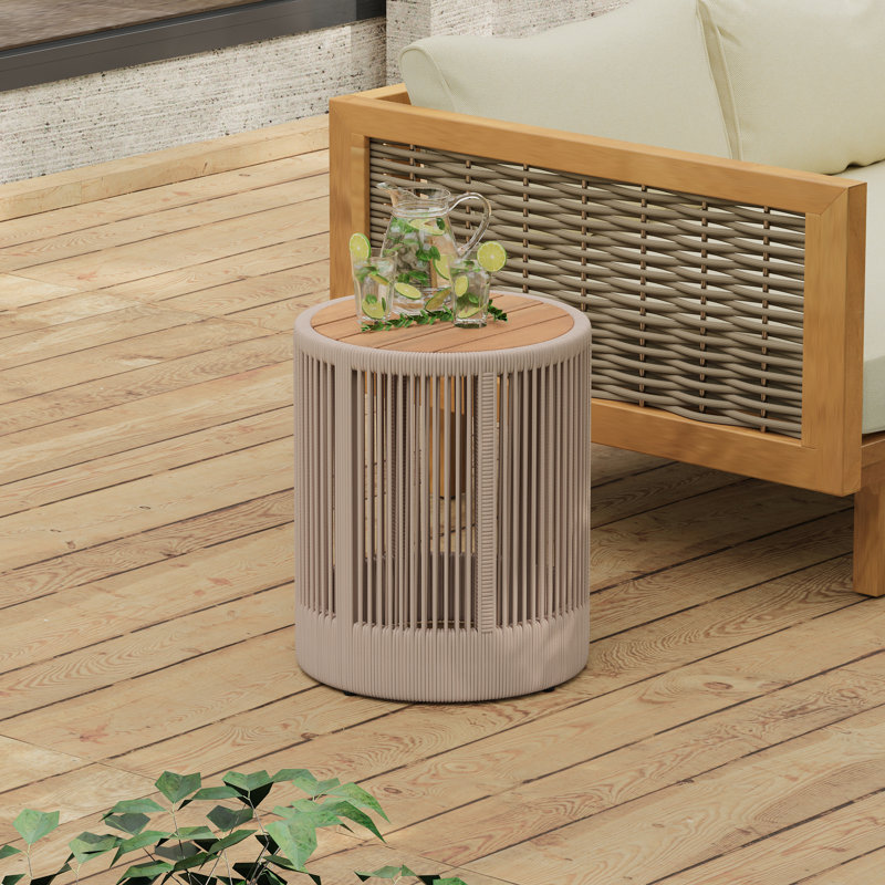 Table basse d'extérieur en corde de rotin et bois - Mobilier de balcon de patio pour jardin, cour, balcon - Résistant aux intempéries