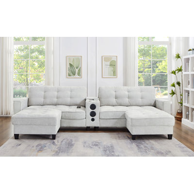 U-Shaped Sectional Sofa With Storage Ottomans, Bluetooth Speakers And LED Lights For Living Room