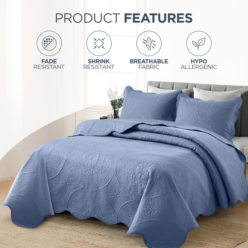 Floral Embossed Quilted Bedspread Set – Soft Lightweight Microfiber Bedding with Pillow Shams, Reversible & All-Season Comfort