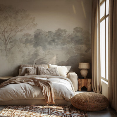 Neutral Watercolor Forest Wall Mural | Beige Misty Tree Landscape Wallpaper | Non-Woven or Peel and Stick