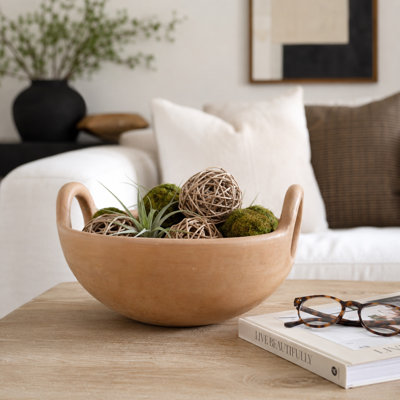 Bol rond rustique moderne en terre cuite avec poignées pour table basse - Accessoire de décoration raffiné et artisanal pour la cuisine - Orange