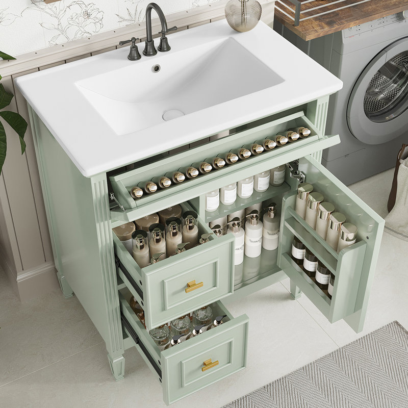 Meuble-lavabo 30 po avec lavabo en céramique, tiroir rabattable, Vert