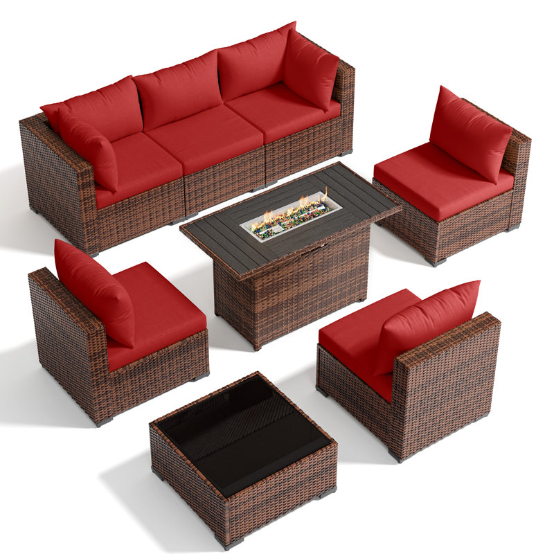 6 - Person Outdoor Wicker Patio Conversation Furniture Set With Fire Pit Table, Burgundy