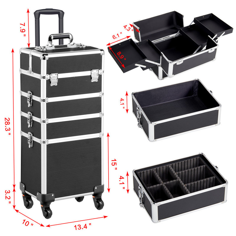 Abrams Professional Makeup Train Case 4 in 1 Rolling  Makeup Case, Black/Silver