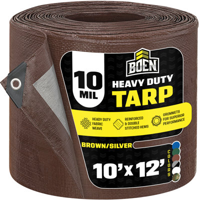 Bâche Boen brun / argenté de 10 pi x 12 pi, housse résistante imperméable et épaisse de 10 mil, toile antidéchirure, matériau de tissage épais, résistant aux rayons UV, idéal pour la tente de bâche, le bateau, le véhicule récréatif ou la piscine