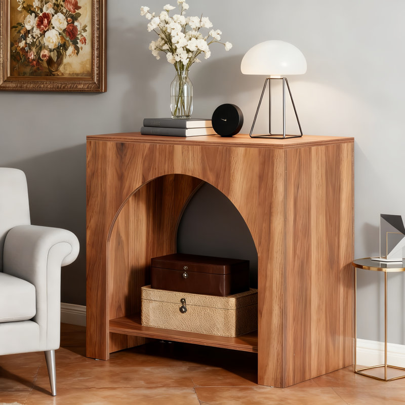 2 Tier Wood End Side Table With Innovative Arched Design For Living Room, Rustic Brown