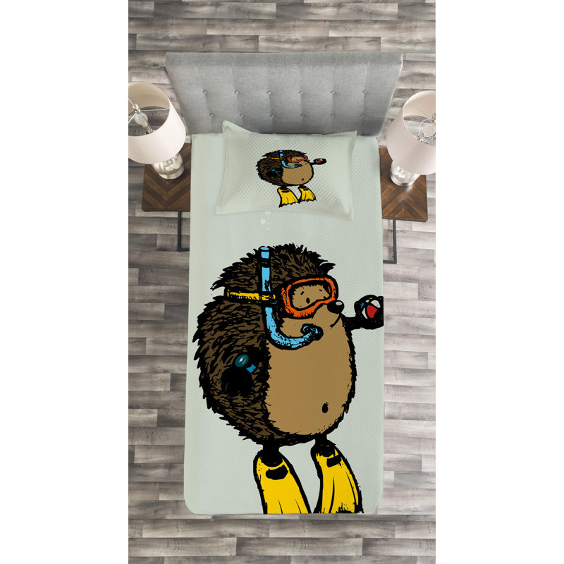 White Twin Reversible Kids Bedspread Set with Cartoon Hedgehog