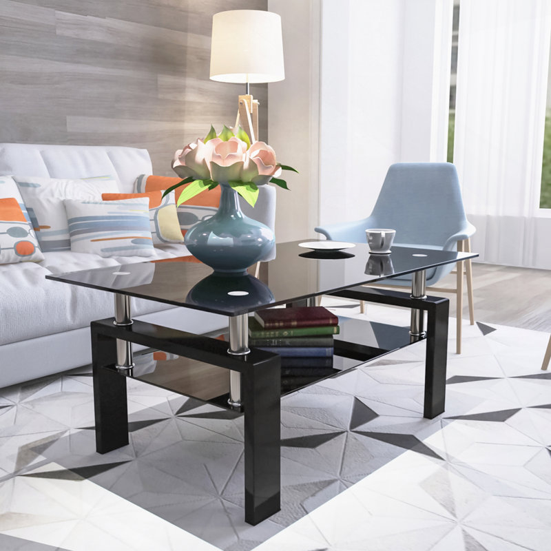 Table basse rectangulaire en verre noir, table basse transparente, tables d'appoint modernes pour le salon, meubles de salon