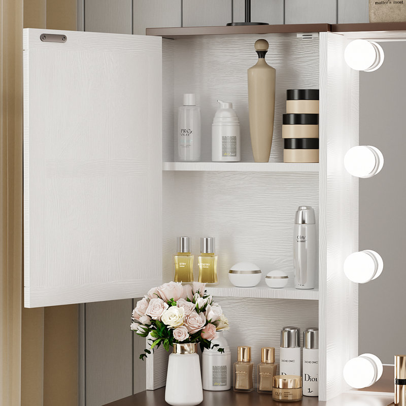 Greyden Vanity Set with Glass Top and Outlets, Brown/White