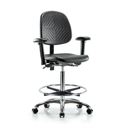 Banc en polyuréthane haute Kelayah avec dossier moyen, siège inclinable, accoudoirs réglables, repose-pieds chromé et chaise de travail à roulettes