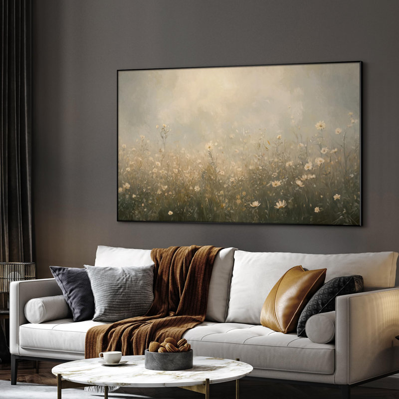 Extra Large Wall Art Fabric Print - Soft Light Wildflower Field in Morning Haze Artwork Decor for Living Room or Bedroom - "Frame Assembly Required (Unfinished Frame)"