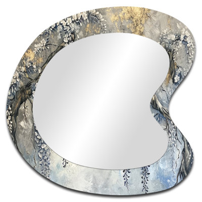 Evisa Silver Wisteria Tree SIlver Vintage - Floral Tree Asymmetrical Mirror, Grey Unique Shape Decorative Wall Mirror, Printed Metal Art