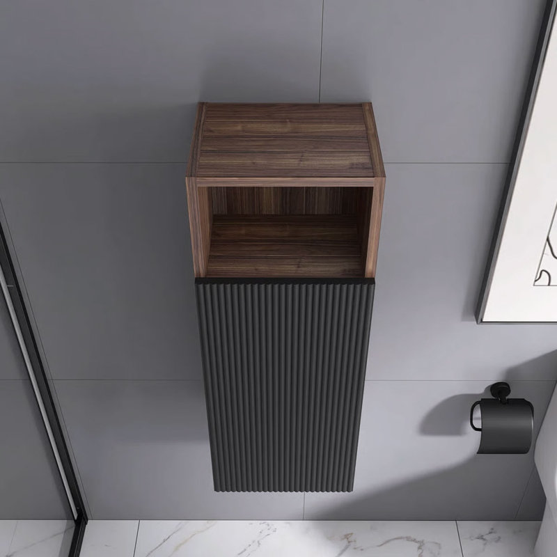 32 In. Black & Walnut Wall-Mounted Bathroom Floating Side Cabinet