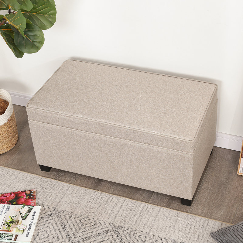 32" Rectangle Storage Ottoman Bench With Linen Upholstered, Beige