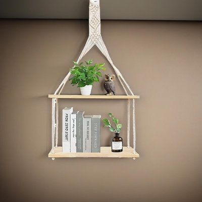 Garling 2 Tier Wooden Hanging Shelves With Rope Home Living Room Decor